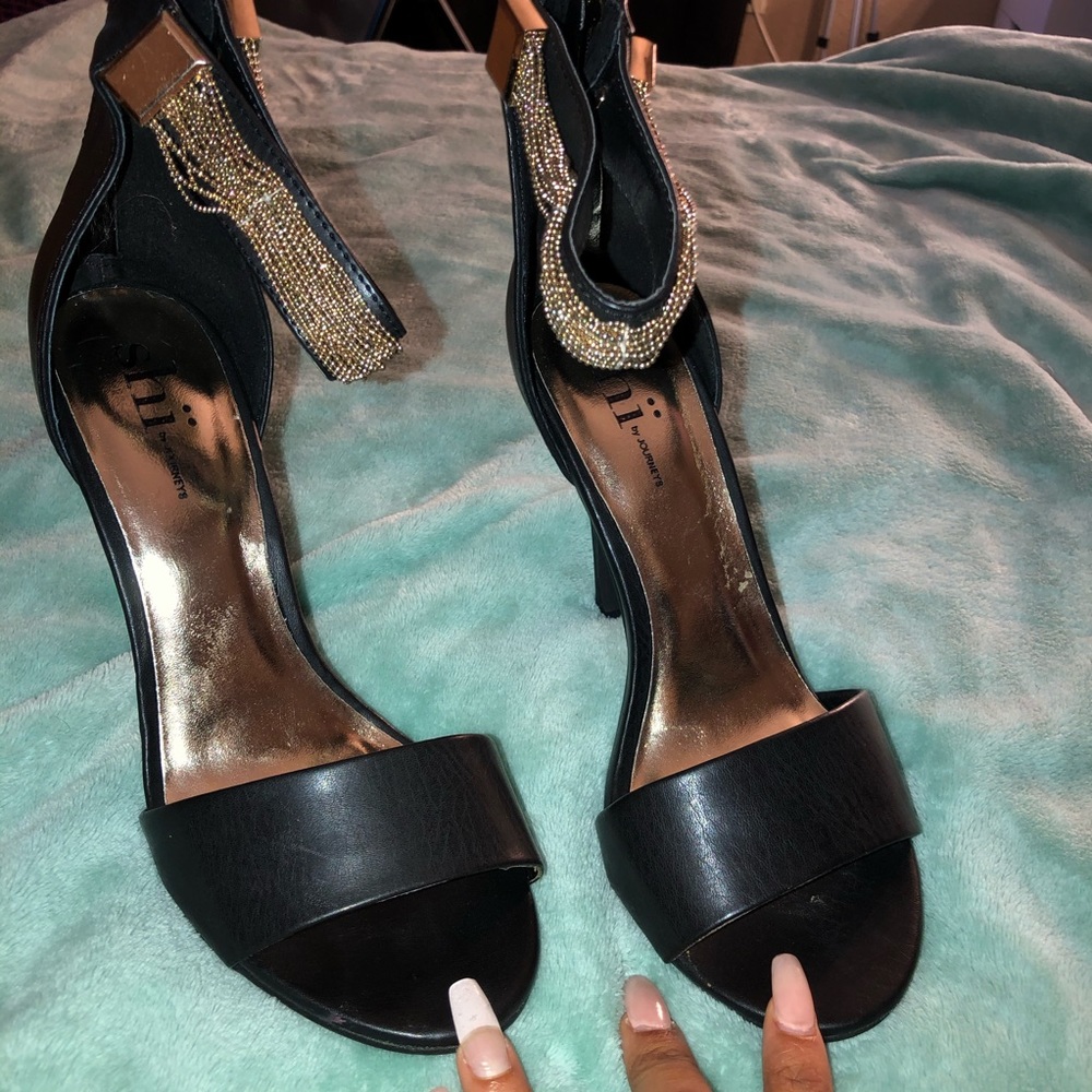Black and gold chain heels